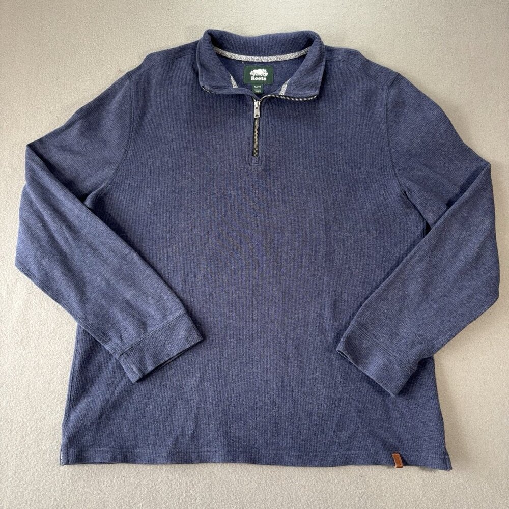 Roots Canada Navy‎ Sweater Quarter 1/4 Zip Mens XL Beaver Pullover Casual Preppy